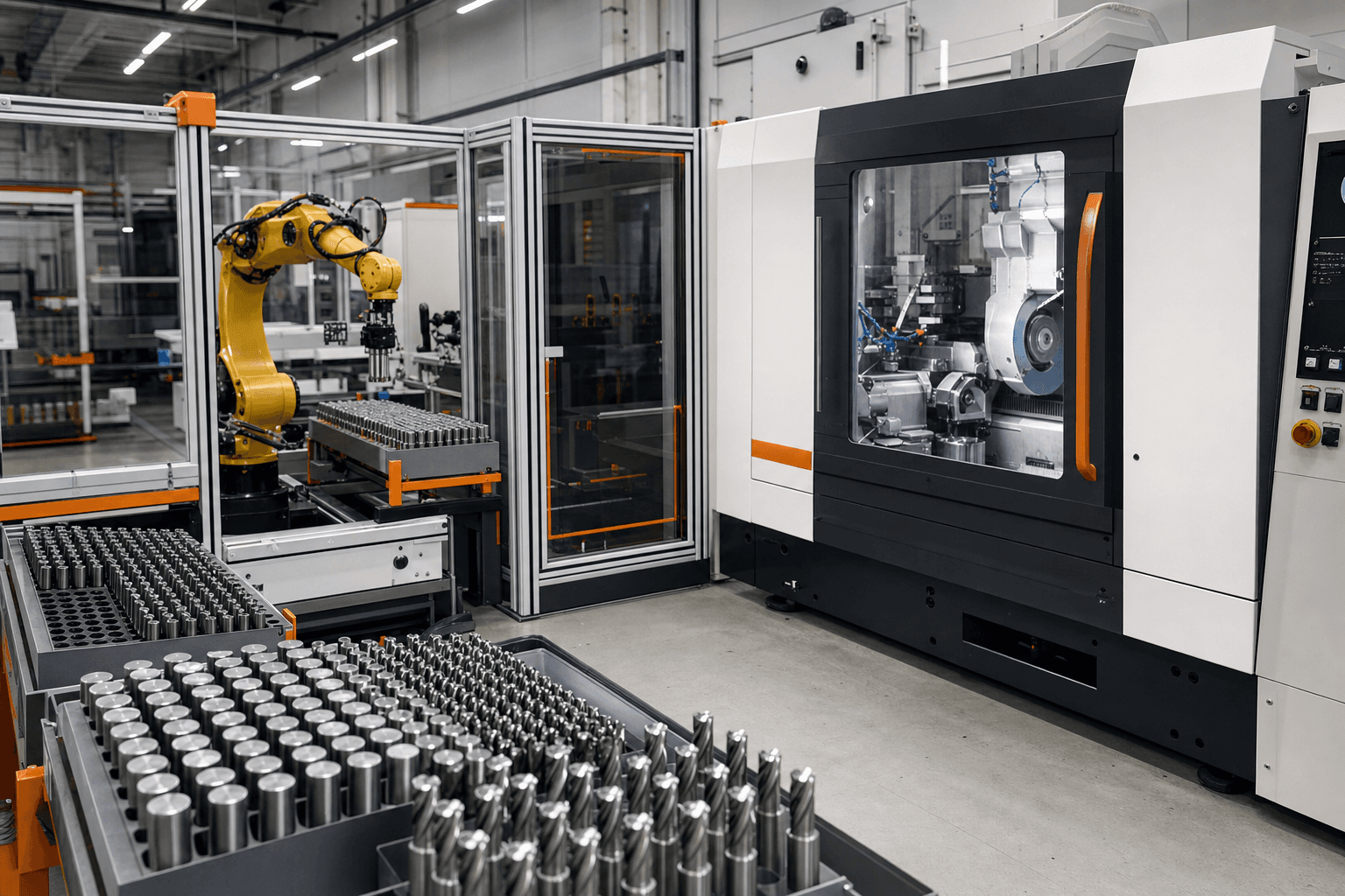 Automated CNC tool-grinding cell with robotic loading and tool trays