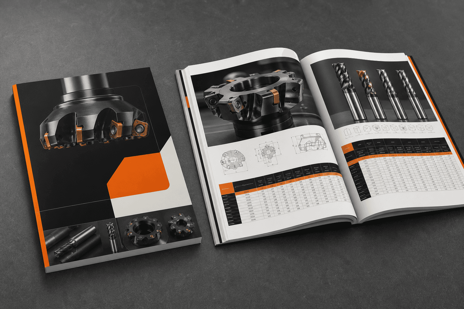 Printed industrial milling catalogue shown closed and open to product tables