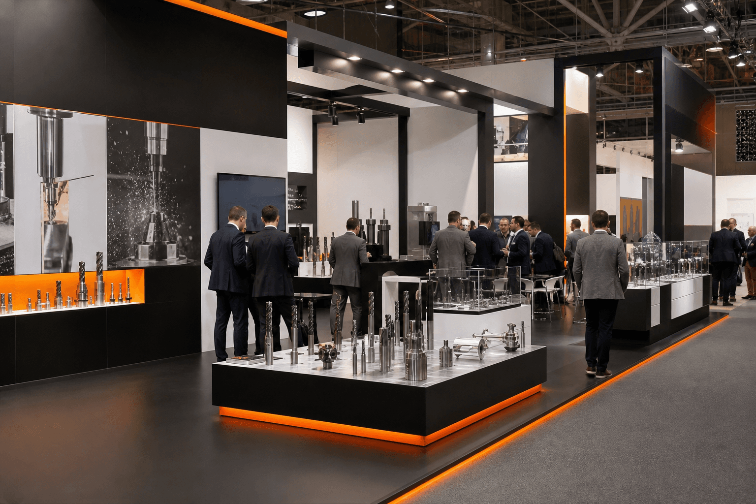 Modern cutting-tool exhibition booth with product displays and visitors