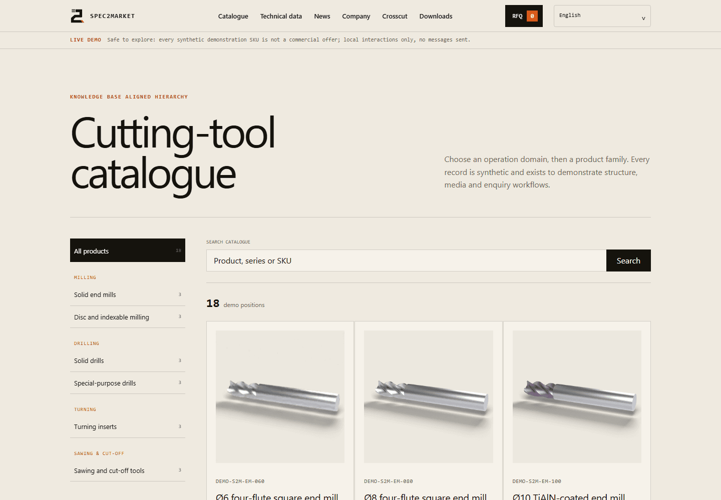 Synthetic catalogue categories, search and product cards on desktop
