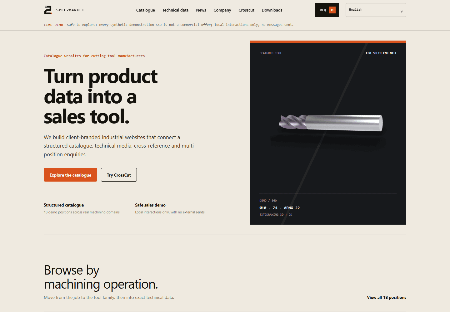 Live synthetic Spec2Market cutting-tool catalogue shown on desktop